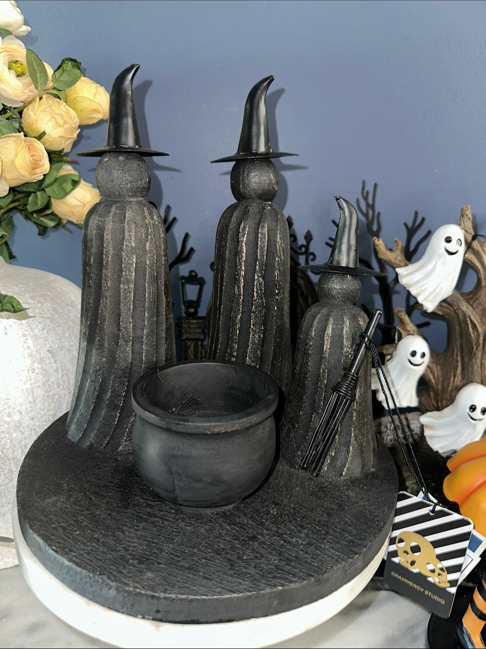 Halloween wooden witch trio sculpture with cauldron